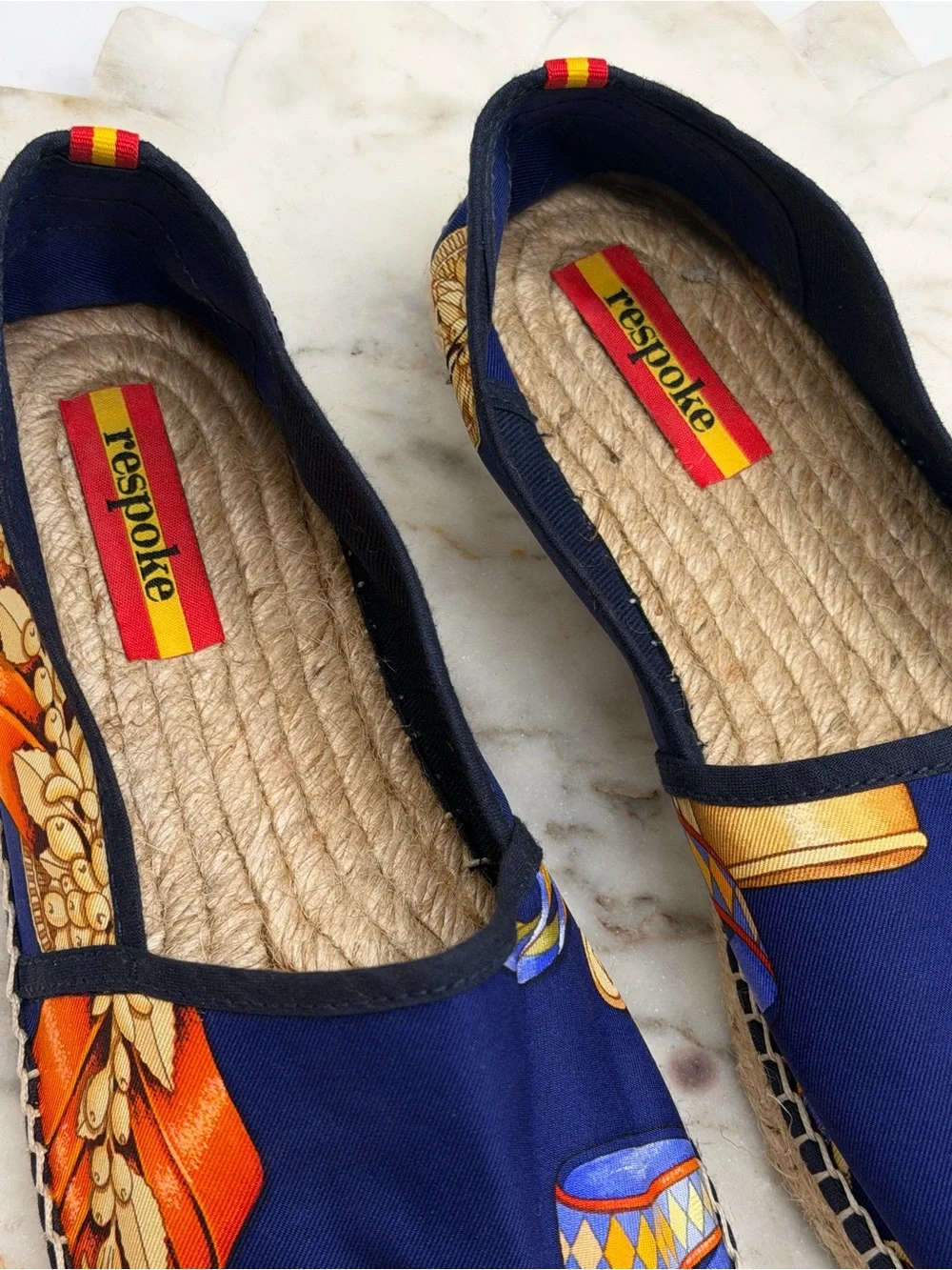 Respoke Designer Silk Espadrilles Women’s Sz 39 Navy Blue Multi Print Flat Shoes